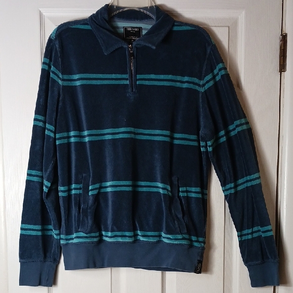 Todd Snyder 1/4 Zip Pull Over Sweater With Navy and Teal Stripes Size M - Picture 1 of 8